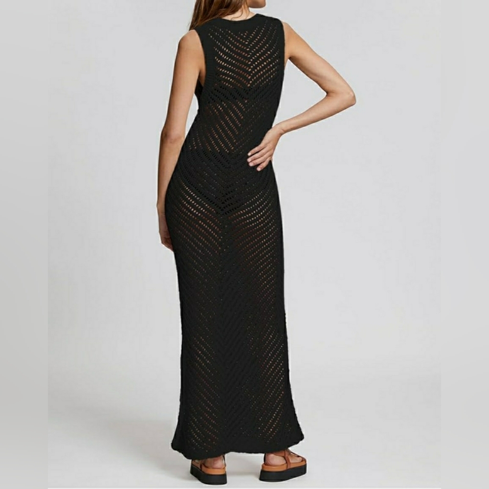 Bsubseach NWOT  Lace Up Long Sleeve Crochet Swimsuit Cover Up Dress - BLACK O/S